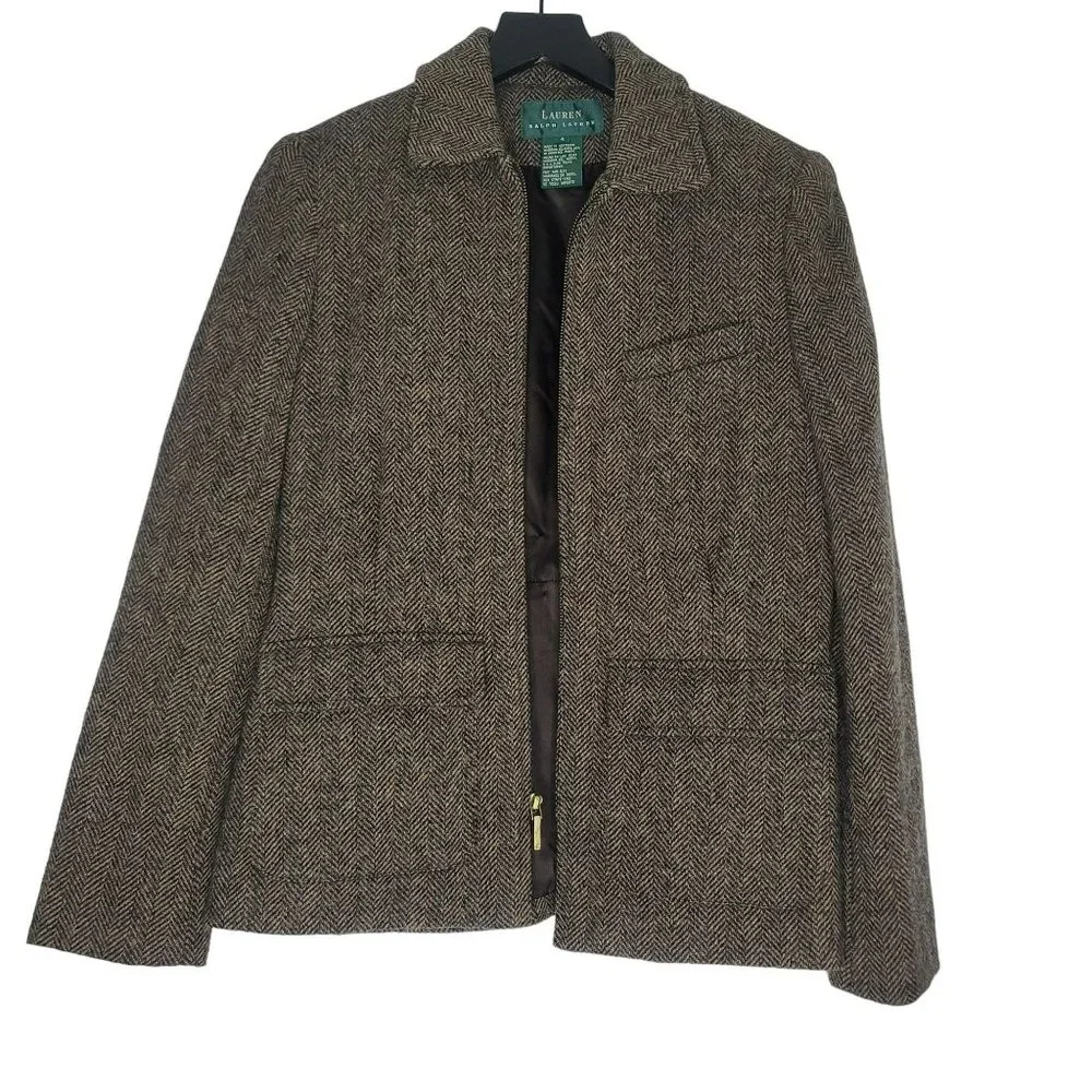 Lauren Ralph Lauren Wool Full Zip Jacket Brown Size 4 Pockets USA